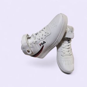 Fila White High-Top Sneakers with Red and Black Accents